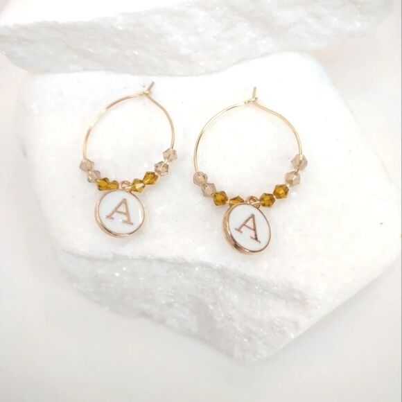Initial Charm Earrings Gold and White - Picture 2 of 10